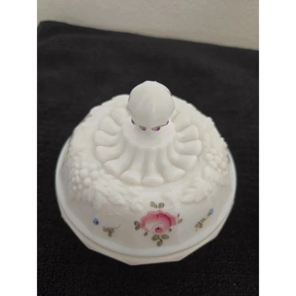 Westmoreland Milk Glass Paneled Grape Hand Painted Candy Dish Vanity Powder Box